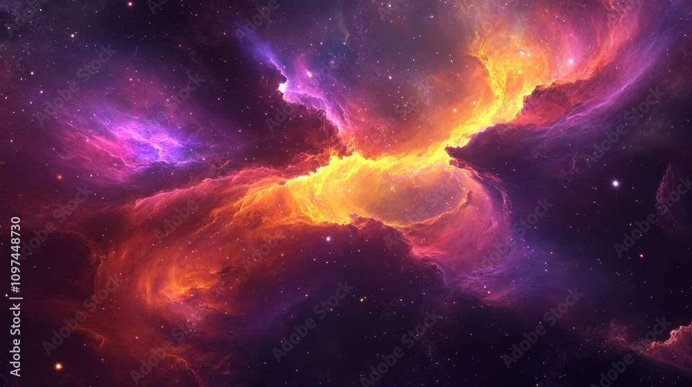 Fototapeta premium Vibrant Nebula in Deep Space Cosmic Clouds of Purple, Orange, and Red Hues - Stunning Astronomy Photography