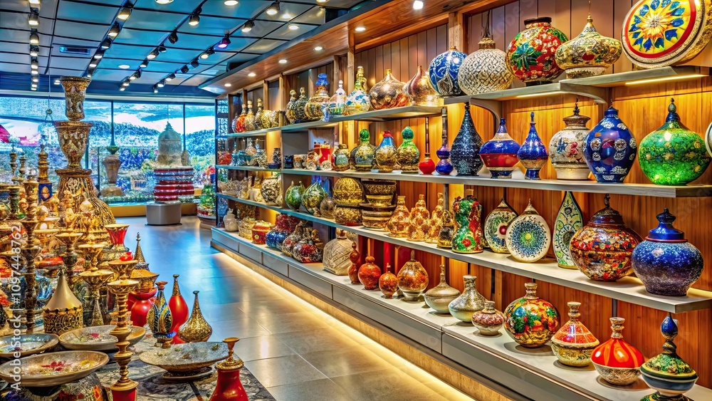 Fototapeta premium Turkish souvenirs displayed in a duty-free shop at Istanbul International Airport , Turkish, souvenirs, Istanbul, duty-free