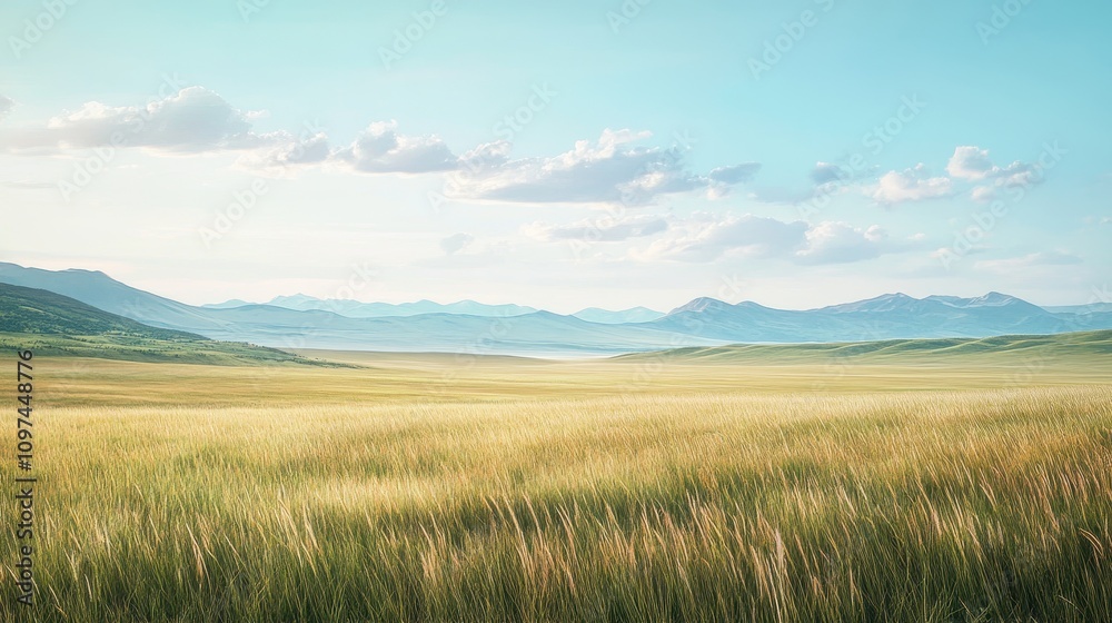 Serene Golden Grassland Landscape with Distant Mountains Under a Light Blue Sky - Peaceful Nature Photography Serene Golden Grassland Landscape with Distant Mountains Under a Light Blue Sky - Peaceful Nature Photography