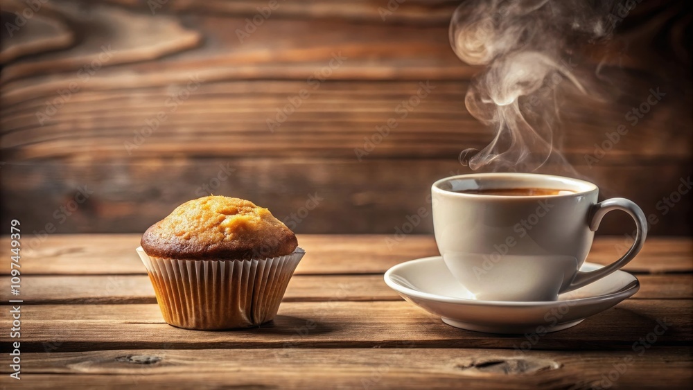 A Warm Mug of Coffee Steaming Beside a Deliciously Baked Muffin on a Rustic Wooden Table A Warm Mug of Coffee Steaming Beside a Deliciously Baked Muffin on a Rustic Wooden Table
