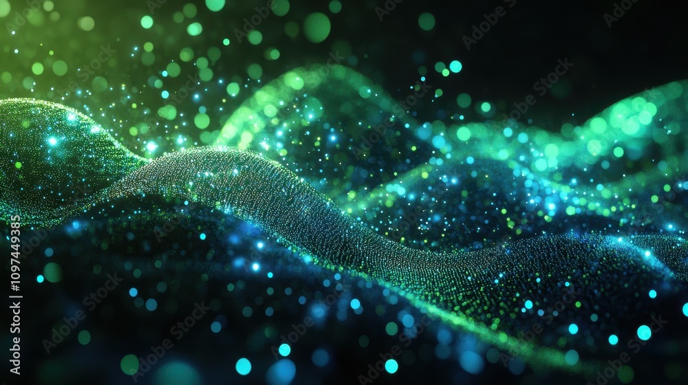 Abstract Green and Blue Particle Wave Background Glowing Digital Energy, Futuristic Technology Texture Abstract Green and Blue Particle Wave Background Glowing Digital Energy, Futuristic Technology Texture