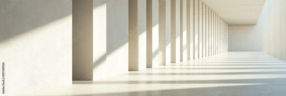 Naklejka premium A minimalist corridor with sunlight streaming in, casting long geometric shadows, creating a serene atmosphere emphasizing structure and light interplay.