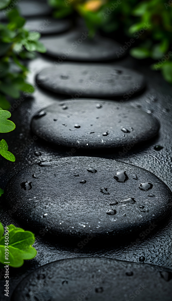 Dark grey stones with water droplets, surrounded by green leaves. Dark grey stones with water droplets, surrounded by green leaves.