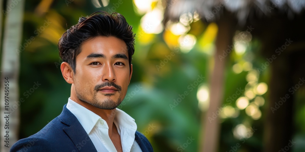 Confident Man in a Tropical Setting: A Portrait of Style and Charisma Confident Man in a Tropical Setting: A Portrait of Style and Charisma