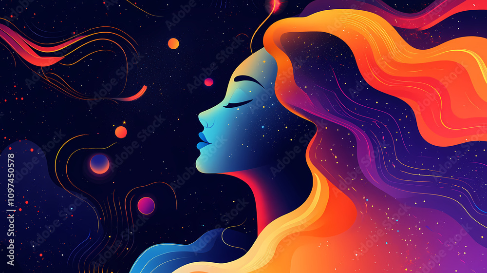 Woman's profile with cosmic elements and vibrant colors, capturing imagination and dreams in a surreal, abstract illustration with dynamic, fluid design elements. Abstract Fluid Dreams. Illustration Woman's profile with cosmic elements and vibrant colors, capturing imagination and dreams in a surreal, abstract illustration with dynamic, fluid design elements. Abstract Fluid Dreams. Illustration