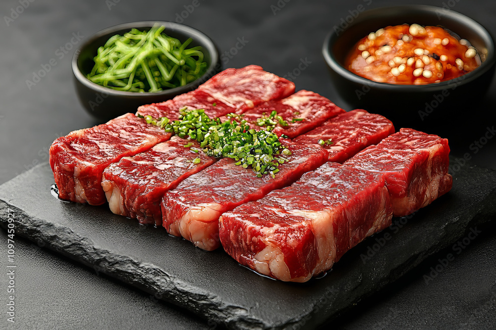 Korean meat, marbled beef steak on black background. Korean meat, marbled beef steak on black background.