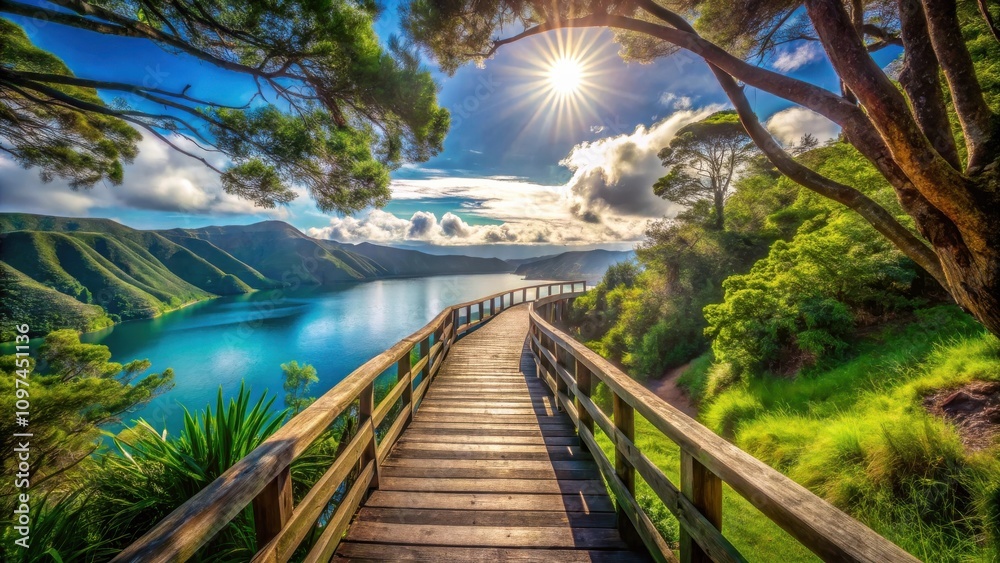 Fototapeta premium Serene Lakeside Walkway A Wooden Path Winding Through Lush Greenery Towards a Picturesque, Sun-Drenched Vista