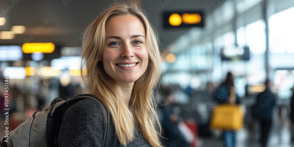 Smiling Young Woman at Airport Terminal Ready for Adventure Smiling Young Woman at Airport Terminal Ready for Adventure