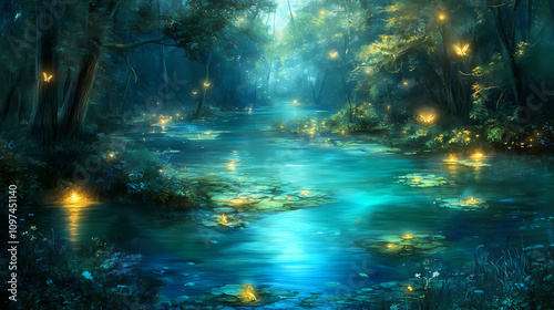 Mystical lagoon: hidden waterways, ethereal lighting, fantastical creatures, enchanting, ethereal, blue, green, luminescent. Hidden Lagoon Sanctuary. Illustration