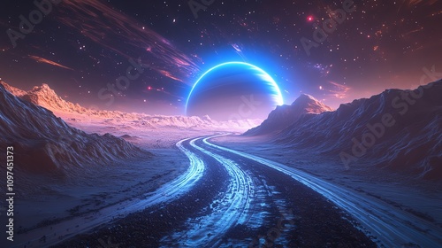 A surreal landscape featuring a winding road under a vibrant, cosmic sky.