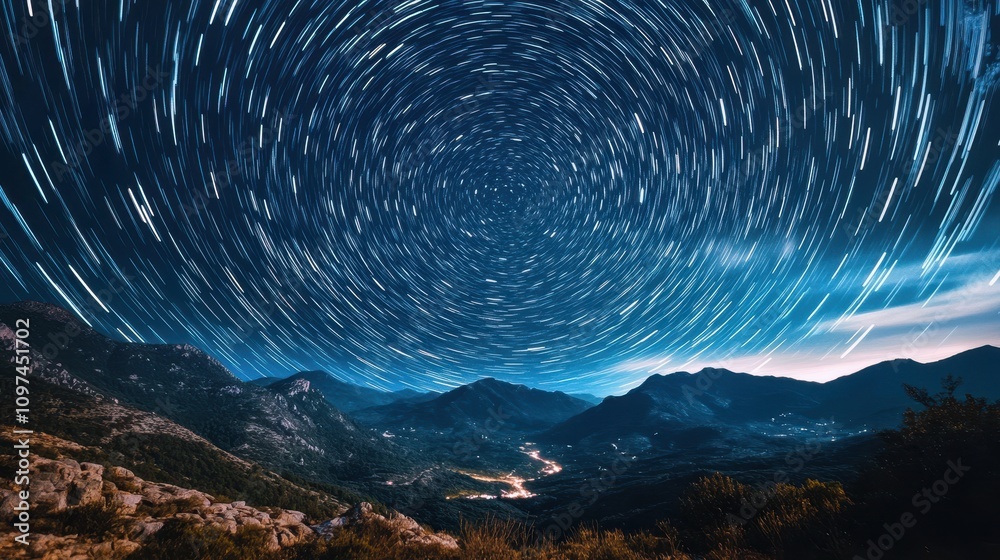 Fototapeta premium Mesmerizing Star Trails Over Majestic Mountains at Night Long Exposure Astrophotography