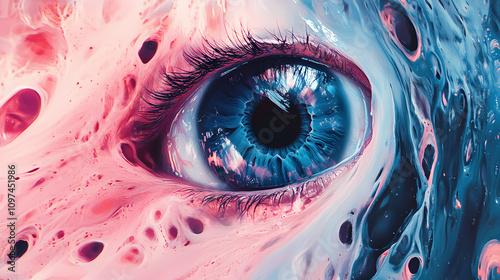 Abstract eye in pink and blue paint. Abstract Fluid Dreams. Illustration photo