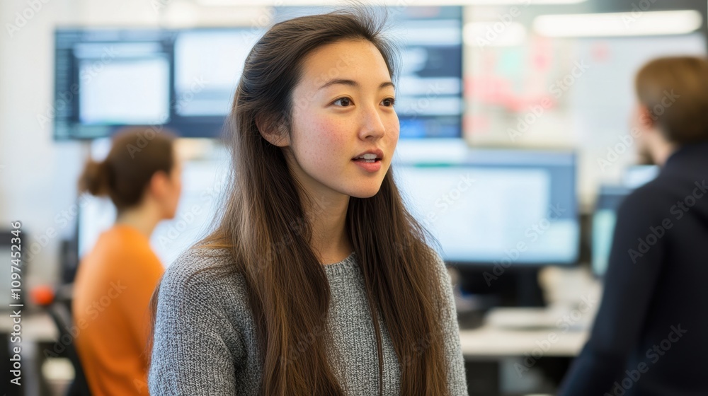 Young Woman Engaged in Conversation in Modern Office Environment Young Woman Engaged in Conversation in Modern Office Environment