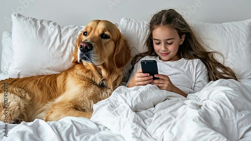 Wallpaper Mural A girl relaxes in bed with a golden retriever, engrossed in her phone. Torontodigital.ca