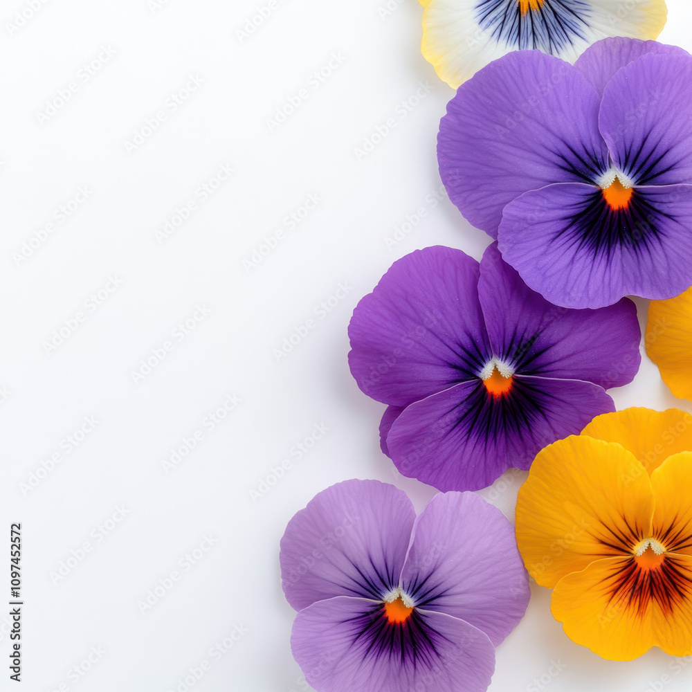 Obraz premium Colorful pansy flowers arranged beautifully, showcasing vibrant hues of purple, yellow, and white. Their delicate petals and striking patterns create cheerful and lively atmosphere