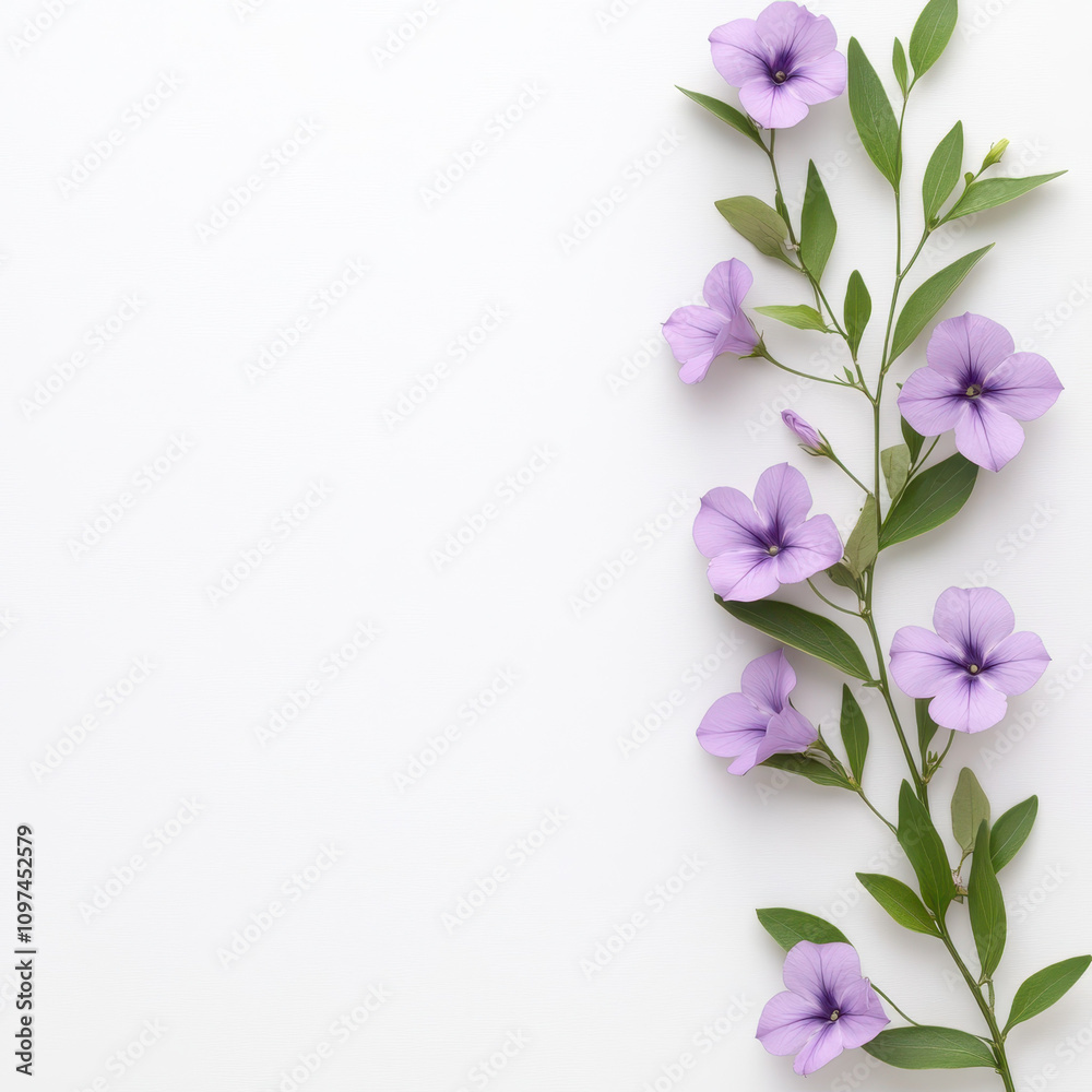 Fototapeta premium flowering periwinkle vine with small violet blooms and green leaves creates serene and elegant composition. delicate flowers add touch of nature beauty