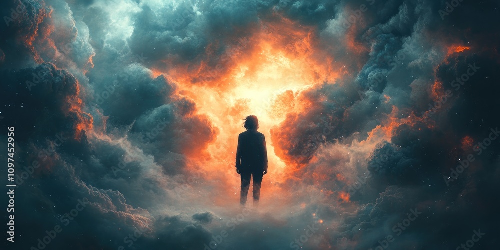 Obraz premium Solitary figure amidst fiery, dark clouds; surreal, dramatic scene.
