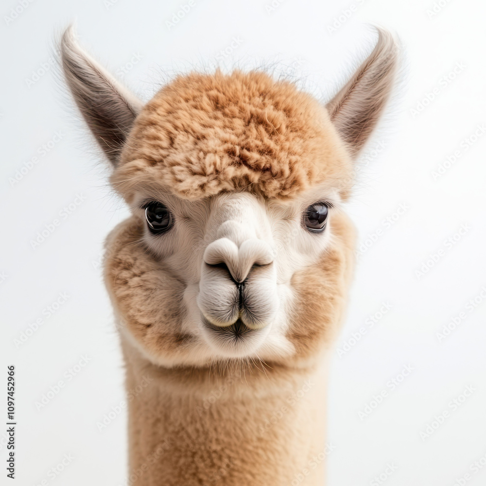 Obraz premium friendly alpaca with soft, fluffy coat and curious expression, looking directly at camera. Its gentle demeanor and unique features make it adorable subject