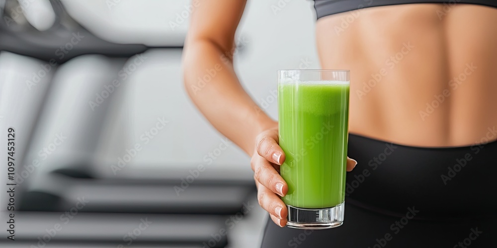 A fit individual holds a refreshing green smoothie in a gym setting, promoting health and wellness. A fit individual holds a refreshing green smoothie in a gym setting, promoting health and wellness.