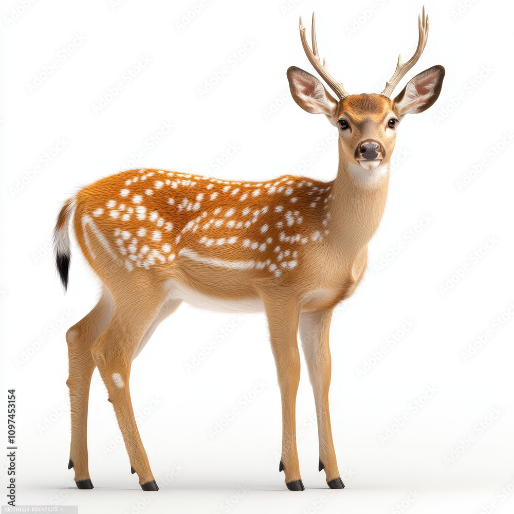 graceful deer with antlers standing proudly on white background, showcasing its beautiful spotted coat and alert expression. This majestic animal embodies essence of nature graceful deer with antlers standing proudly on white background, showcasing its beautiful spotted coat and alert expression. This majestic animal embodies essence of nature