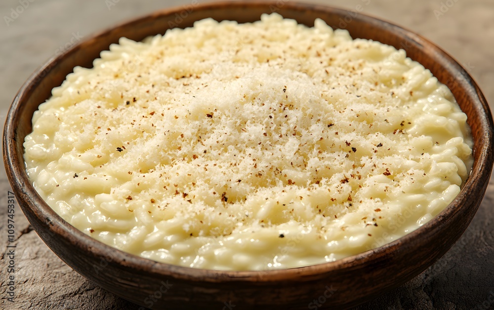 Creamy risotto topped with grated cheese and black pepper in a wooden bowl. Creamy risotto topped with grated cheese and black pepper in a wooden bowl.