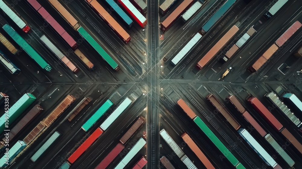 Obraz premium Aerial view of a freight yard with colorful containers