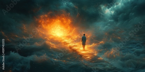 Wallpaper Mural Solitary figure walks towards fiery light in a dramatic, cloudy sky. Torontodigital.ca