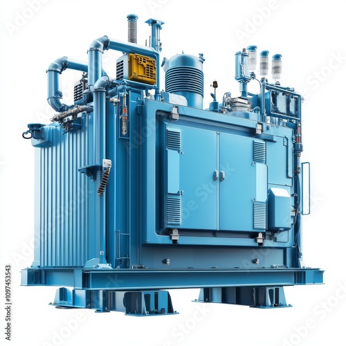 Industrial blue transformer with pipes and valves