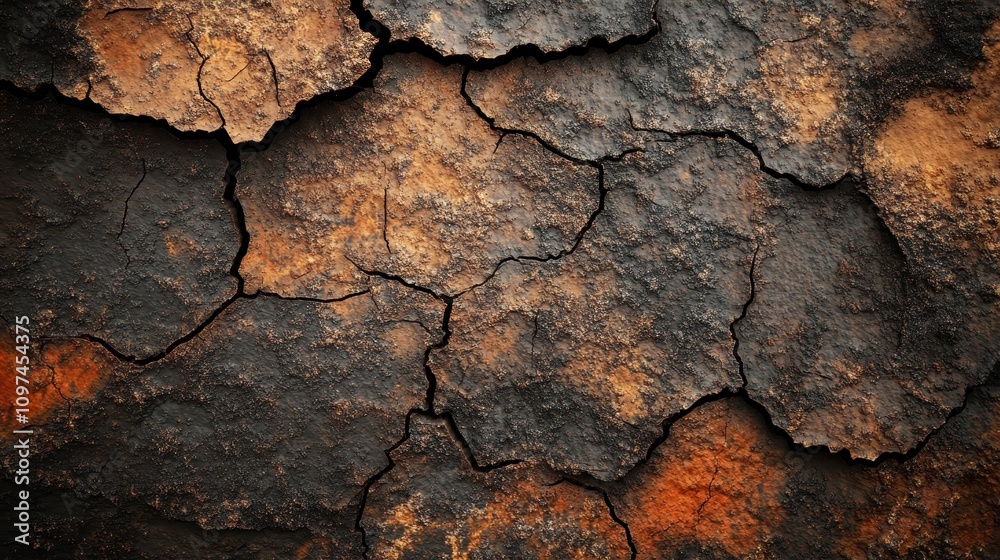 Cracked and Weathered Dark Brown and Orange Surface Texture - Abstract Background for Design Cracked and Weathered Dark Brown and Orange Surface Texture - Abstract Background for Design