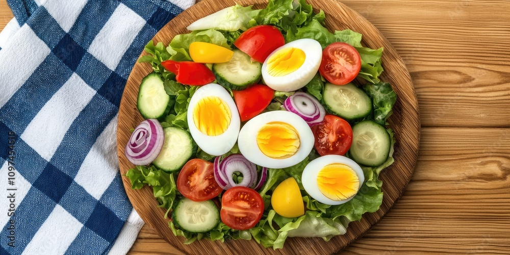 A vibrant salad featuring fresh vegetables, sliced boiled eggs, and a colorful presentation on a wooden platter. A vibrant salad featuring fresh vegetables, sliced boiled eggs, and a colorful presentation on a wooden platter.