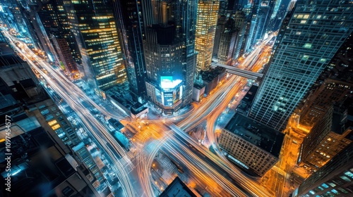 Night cityscape with illuminated streets and skyscrapers, showcasing urban life.