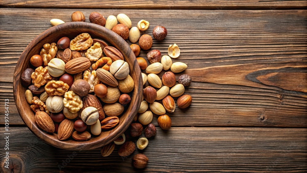 Bowl filled with a variety of nuts on a wooden table, nuts, almonds, cashews, walnuts, pistachios, hazelnuts, snack, healthy, food Bowl filled with a variety of nuts on a wooden table, nuts, almonds, cashews, walnuts, pistachios, hazelnuts, snack, healthy, food
