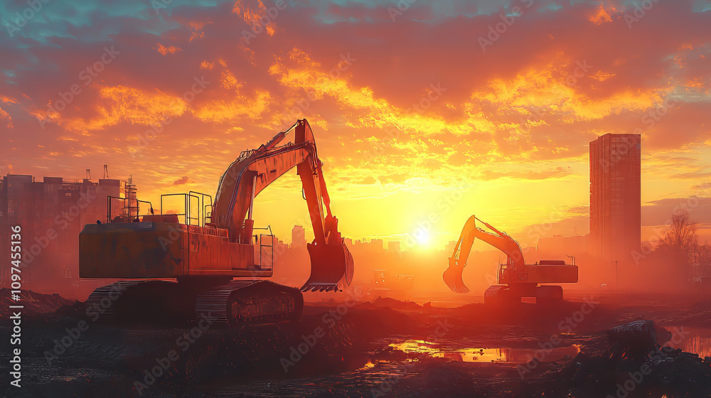 Photo of excavators working on a construction site, with a sunset sky in the background. Photo of excavators working on a construction site, with a sunset sky in the background.