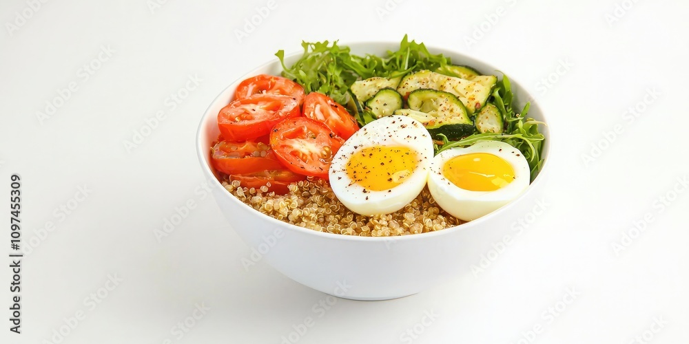 A colorful bowl of healthy ingredients including tomatoes, cucumbers, greens, and eggs served over a base of grains. A colorful bowl of healthy ingredients including tomatoes, cucumbers, greens, and eggs served over a base of grains.