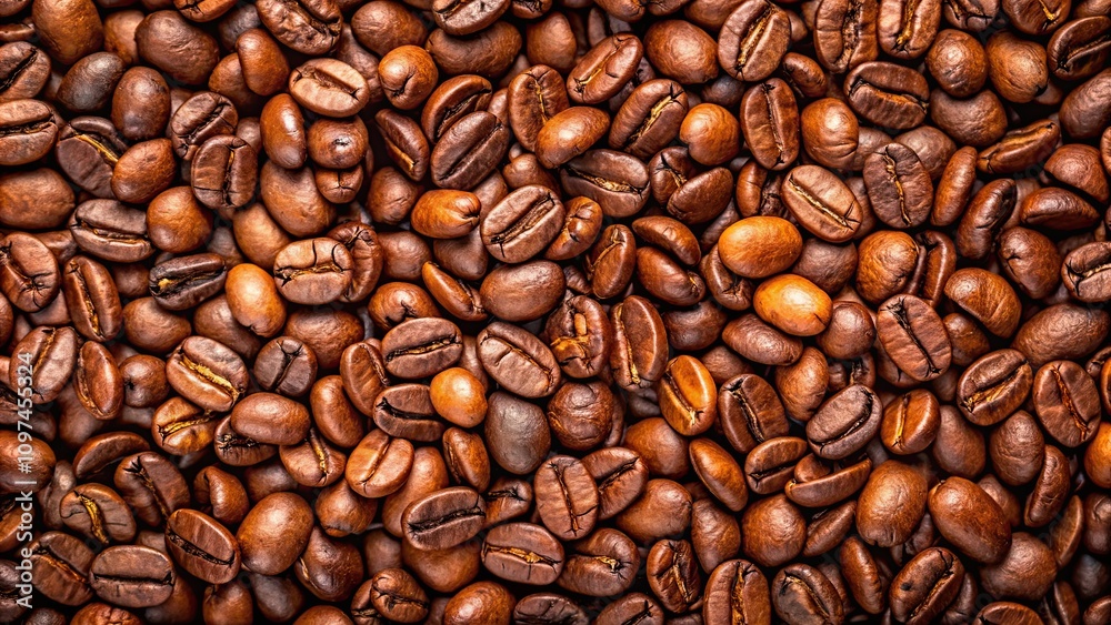 Obraz premium Close up of freshly roasted coffee beans, roasted, coffee, beans, close up, texture, dark, aromatic, caffeine, beverage