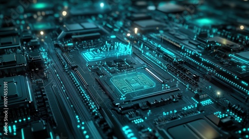 Close-up of Futuristic Circuit Board with Glowing Teal Traces - High-Tech Abstract Technology Background