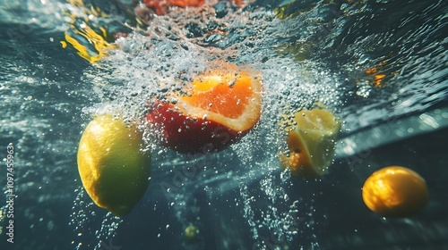 A splash of fresh fruits falling into clear water.