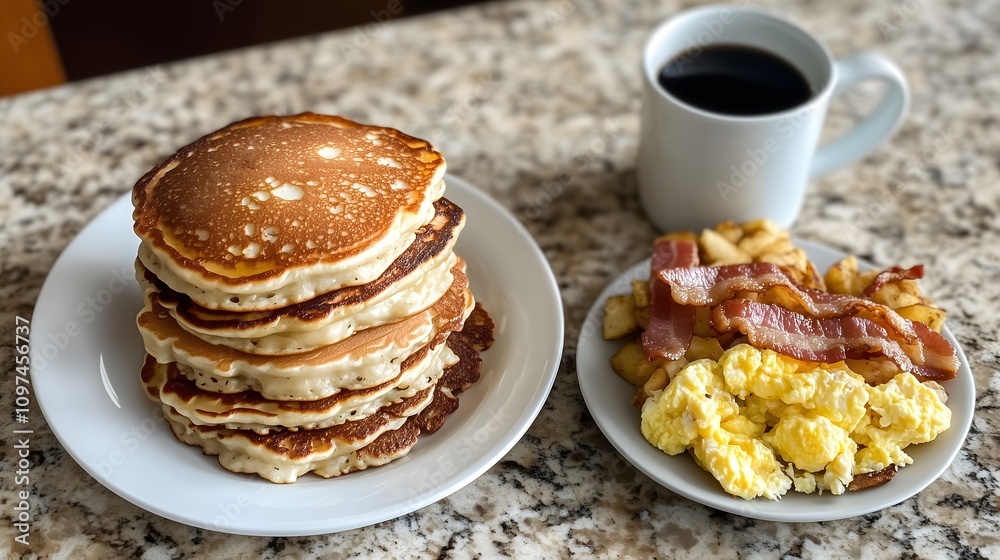 A stack of fluffy pancakes is served alongside scrambled eggs, crispy bacon, and golden hash browns on a granite countertop. A steaming cup of coffee completes this delicious breakfast. A stack of fluffy pancakes is served alongside scrambled eggs, crispy bacon, and golden hash browns on a granite countertop. A steaming cup of coffee completes this delicious breakfast.