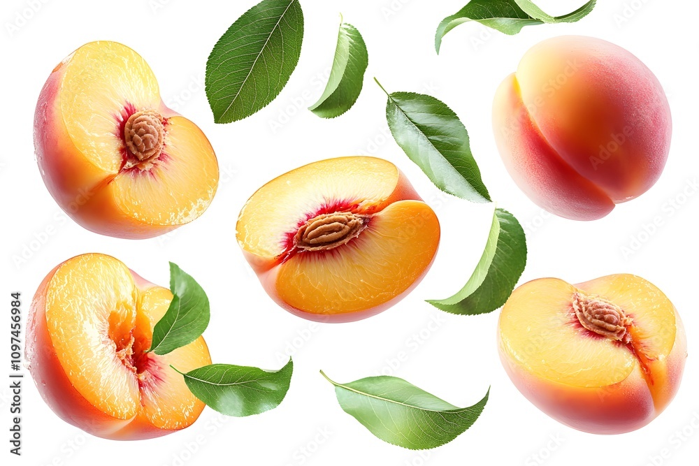 Fresh peaches with leaves, whole and halved peaches isolated on white background Fresh peaches with leaves, whole and halved peaches isolated on white background