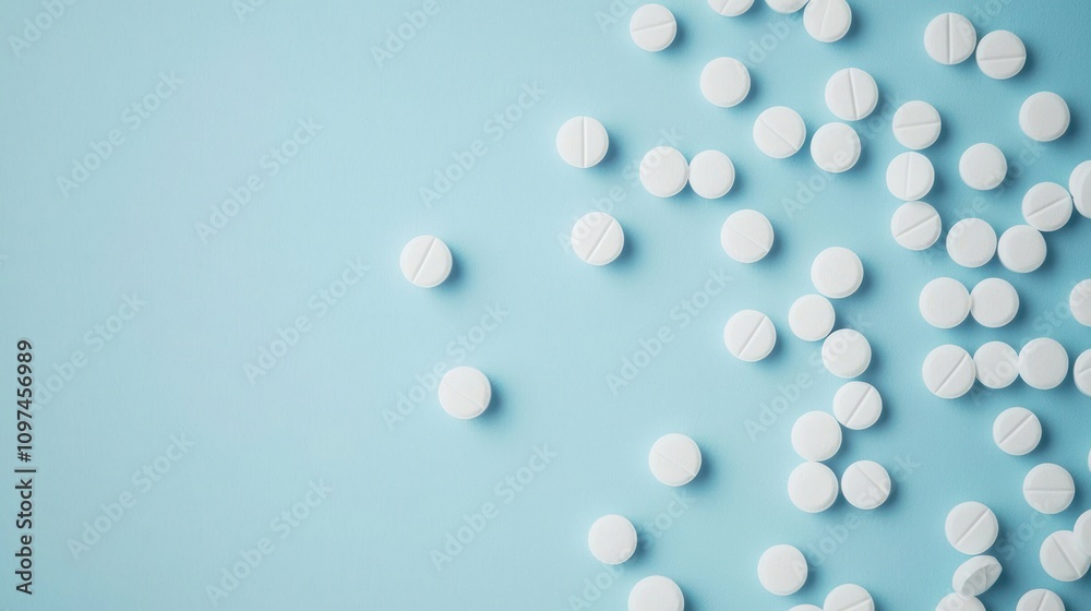 A close-up view of white pills scattered on a light blue surface, highlighting their round shape and smooth texture.