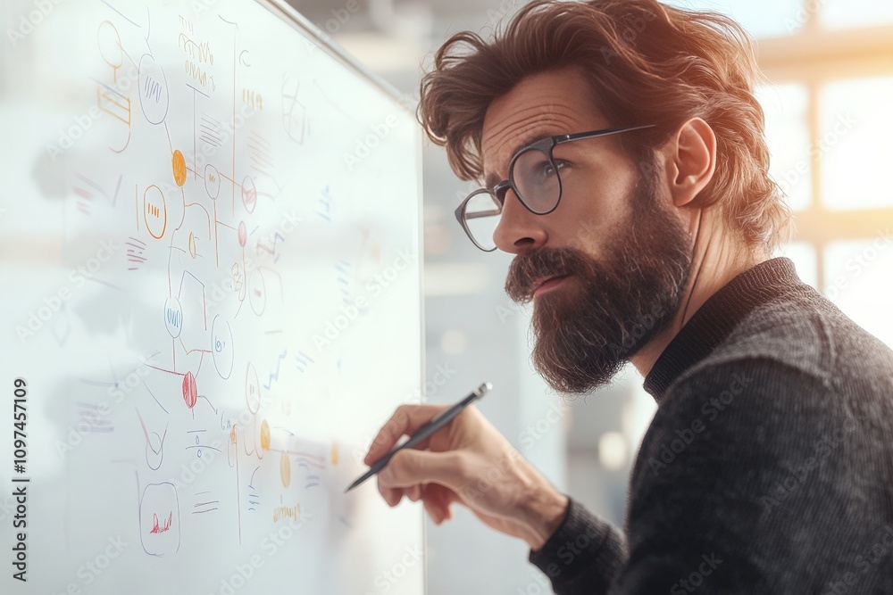 Creative Marketer Engaged in Detailed Planning and Strategy Development for Brand Perception at Modern Workspace with Whiteboard Visualizations Creative Marketer Engaged in Detailed Planning and Strategy Development for Brand Perception at Modern Workspace with Whiteboard Visualizations