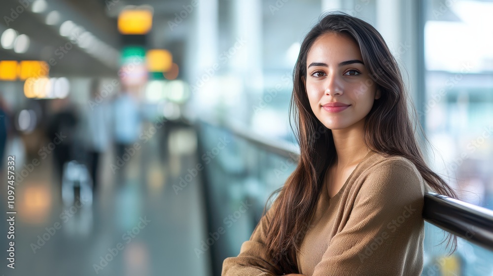 Confident Young Woman at Airport Terminal with a Warm Smile Confident Young Woman at Airport Terminal with a Warm Smile