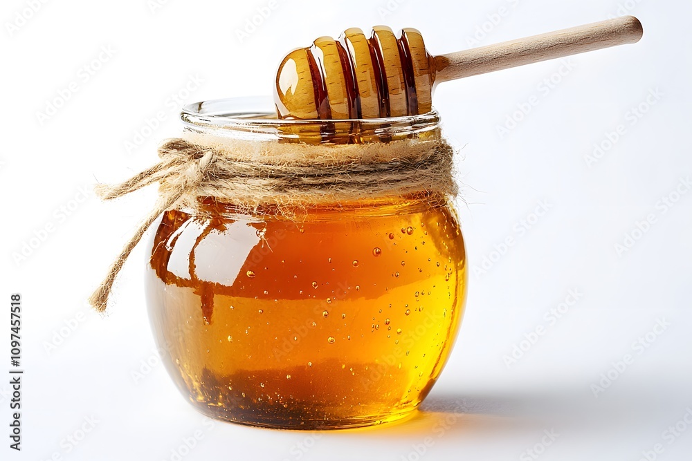 Jar of honey with wooden dipper isolated on white background Jar of honey with wooden dipper isolated on white background
