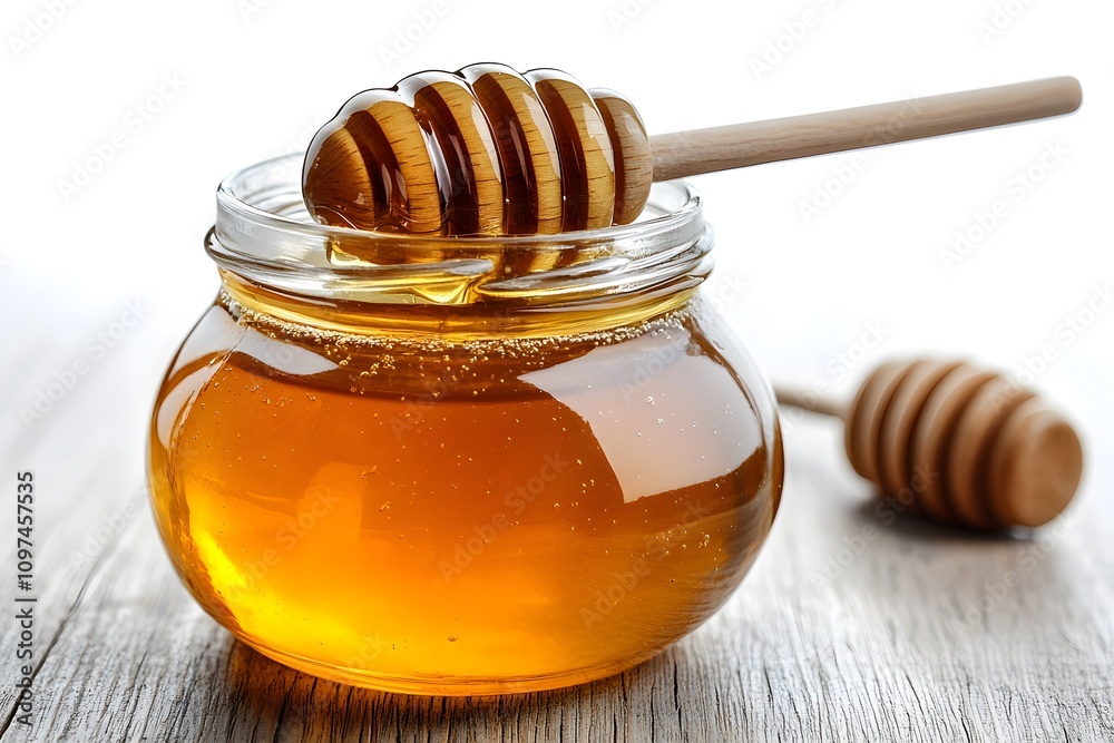 Jar of honey with wooden dipper isolated on white background Jar of honey with wooden dipper isolated on white background