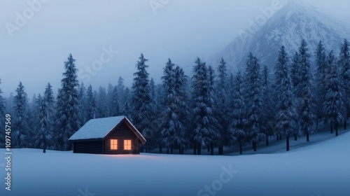 A serene winter scene featuring a cozy cabin illuminated by warm light, surrounded by tall evergreen trees and a snowy landscape under a muted blue sky.