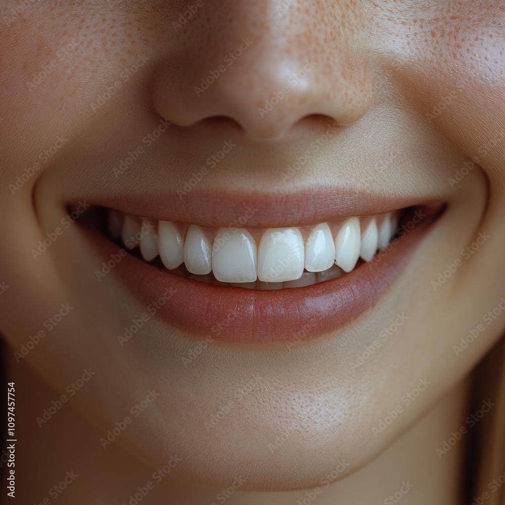 Fototapeta premium A close-up of a smiling woman showcasing a beautiful set of white teeth and healthy skin.