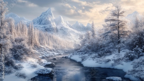 冬天雪山湖泊河流大雪冬日暖阳 photo