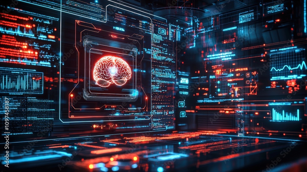 Fototapeta premium A futuristic digital interface featuring a glowing brain, surrounded by data visualizations and vibrant technology elements.