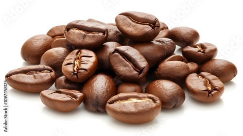 A pile of freshly roasted coffee beans on a white backdrop.