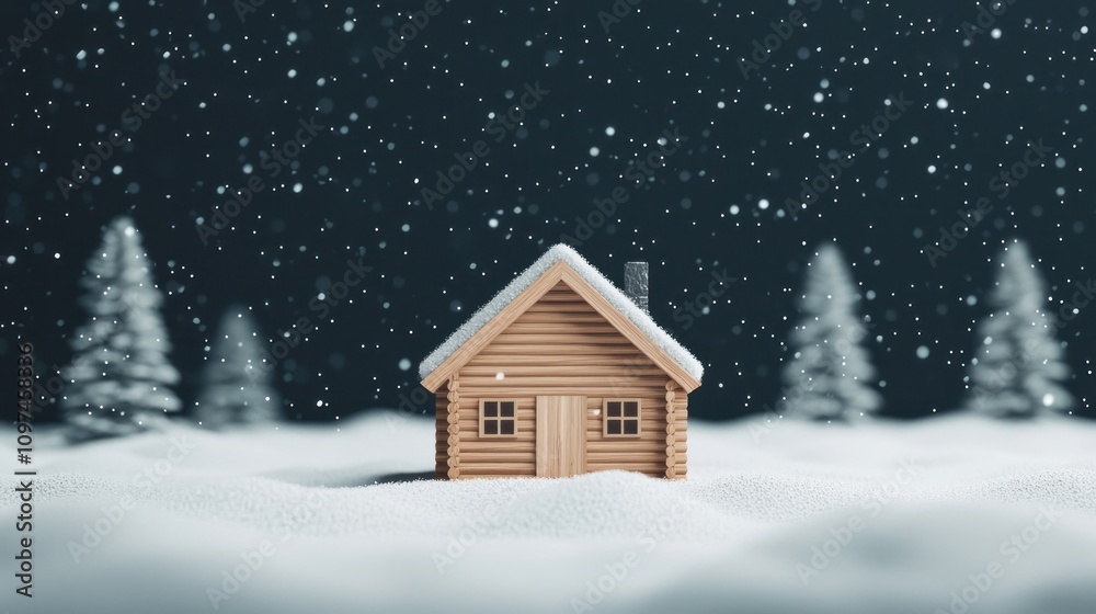 A serene, snow-covered wooden house surrounded by trees under a starry night sky, evoking a cozy winter atmosphere. A serene, snow-covered wooden house surrounded by trees under a starry night sky, evoking a cozy winter atmosphere.
